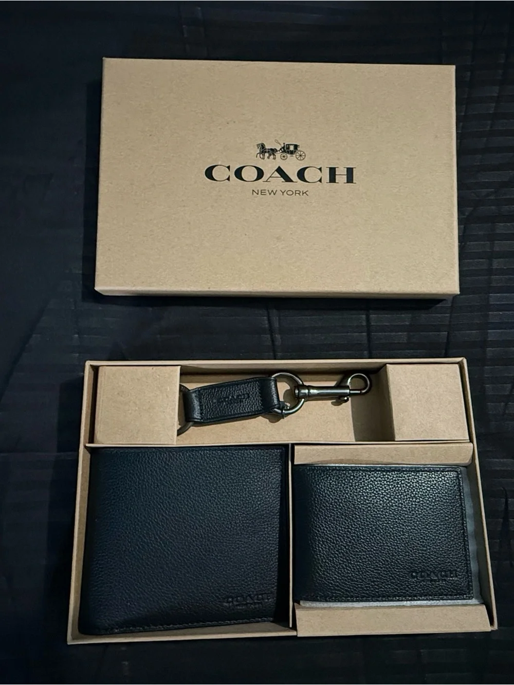 Coach Men’s Gift Set – Leather Wallet, Card Holder & Key Chain | Black | 3-In-1